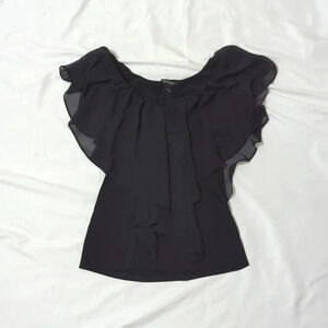 White House Black Market Boat neck Chiffon Ruffle Blouse, Color Black Size XS